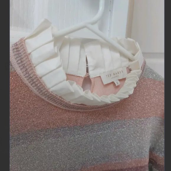 Ted Baker metallic pink silver stripe frill sweater top blouse size 2 nwot - Picture 2 of 6